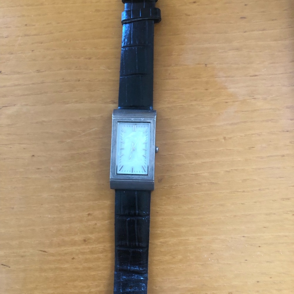 Black Leather Strap Silver Rectangular Watch - image 1